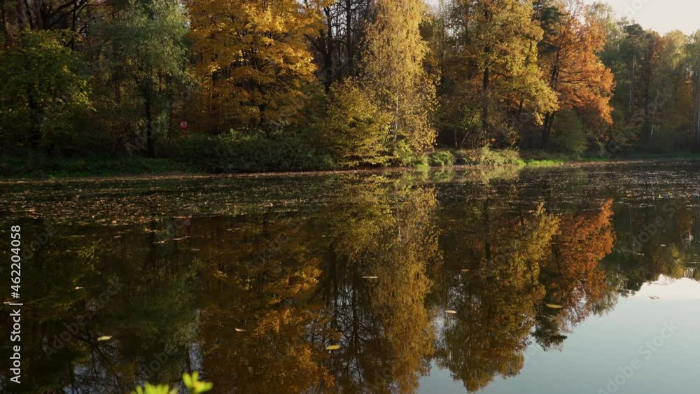 Autumn.Panoramic view of the lake surrounded by a yellowing forest Autumn.Panoramic view of the lake surrounded by a yellowing forest