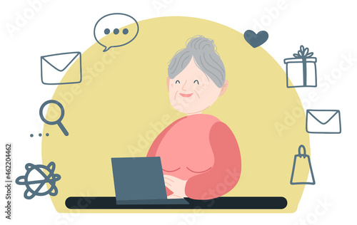 Happy grandmother with a laptop is sitting at the table and laughing. Vector illustration on a yellow background with a set of social network icons. The concept of teaching old people to use gadgets.
