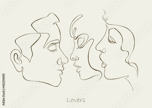 Threesome, love triangle. One line drawing. Continuous line. Sensual love