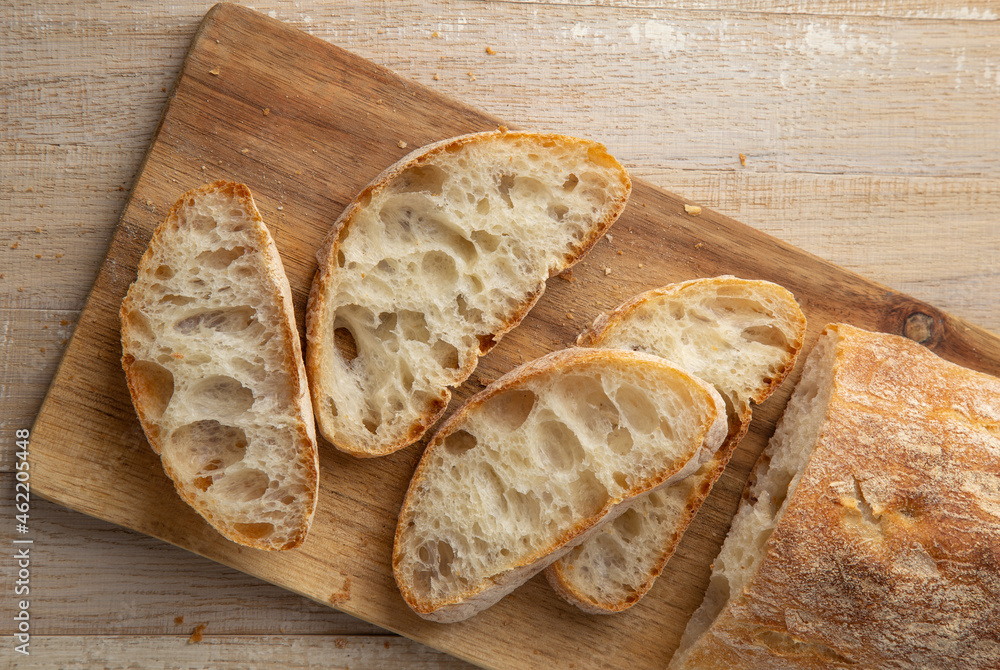 Ciabatta. Slices of freshly baked italian sour dough bread