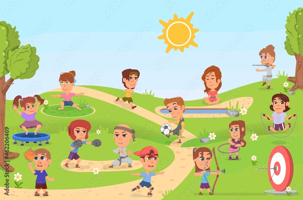 Kids sport activities in park. Sports child, healthy children on playground. Outdoor athletics play, cartoon girl jumping decent vector scene