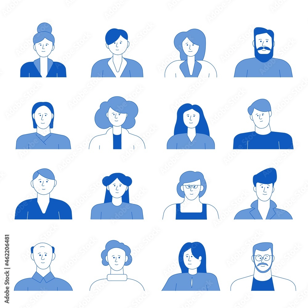 People line avatars. Flat person icon, woman man avatar. Isolated adults, student or business profile image. Chat user recent vector characters People line avatars. Flat person icon, woman man avatar. Isolated adults, student or business profile image. Chat user recent vector characters