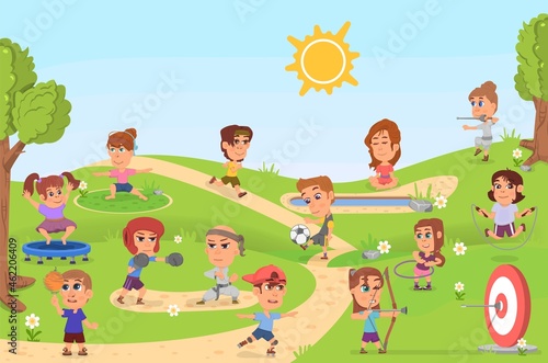 Kids sport activities in park. Sports child  healthy children on playground. Outdoor athletics play  cartoon girl jumping decent vector scene