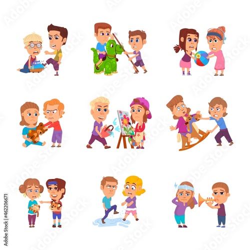 Bad behavior kids. Bullying kid  school girls scare. Child in stress  conflicted angry cartoon children. Naughty brother and sister decent vector set