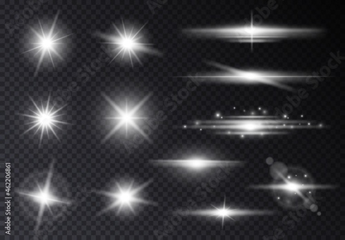 Silver light effect elements. White holiday glow, shine glitters. Lighting dividers, magic christmas blur particles. Spark and explosion exact vector set