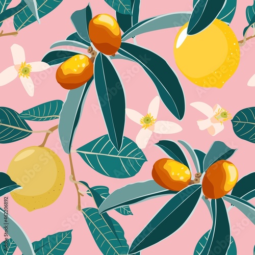 Seamless citrus pattern with leves on a pink background. Hand drawn illustration with lemons. Template for print, textile, wallpaper cover and box design.