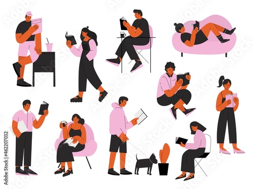 Student and books. Library people collection, girl learning with book. Reading characters, young person study. Readers, education current vector set