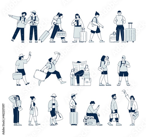 Travel people with luggage. Flat couple travelling, single tourist hold suitcase. Isolated senior on vacation, business tourism recent vector characters