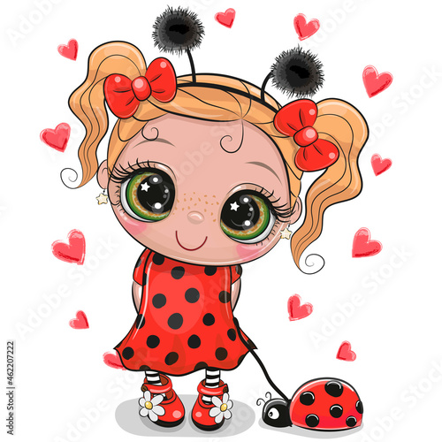 Cute Girl in a ladybug costume and ladybug