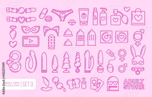 Adult sex toys in the linear flat style. Adult store with BDSM roleplay icon collection. Sex shop logo design with items vector illustration on white background