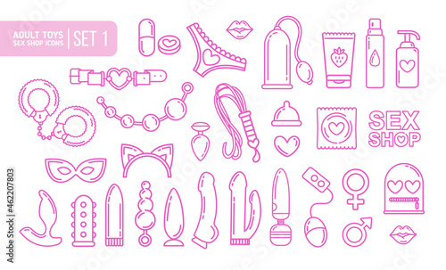 Adult shop items and sex toys in the linear flat style. Adult store logo with BDSM roleplay icon set. Vector illustration on white background
