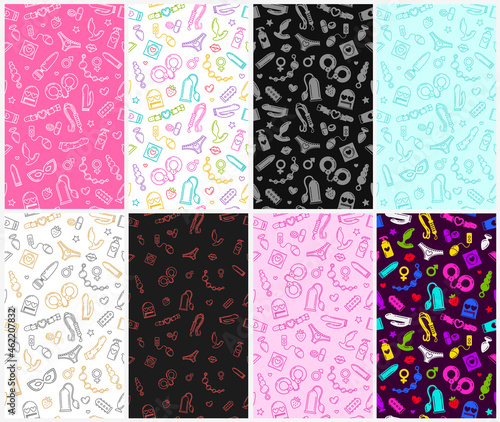 Adult shop and sex toys icons seamless pattern collection. Linear style BDSM roleplay items icon collection