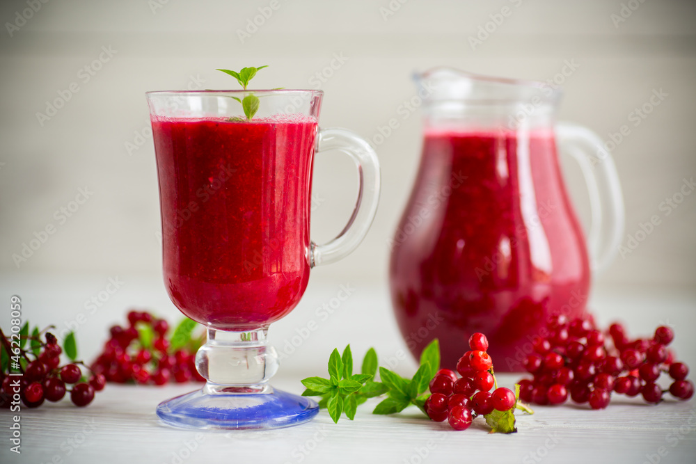 freshly squeezed thick natural juice with pulp from ripe red viburnum in a decanter freshly squeezed thick natural juice with pulp from ripe red viburnum in a decanter