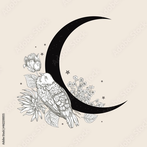 Black crescent and white flowers. Space illustration. Vintage illustration.