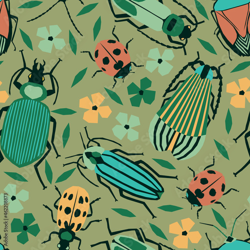 Vector seamless pattern with beetles, bugs, lady bugs Summer design with insects