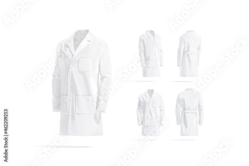 Blank white medical lab coat mockup, different views