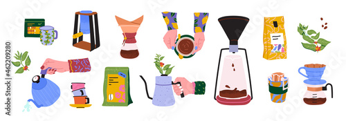 Homemade filtered coffee and drip bags icons set. Craft hot drinks from arabica made with funnel, vortex, siphon, kettle. Morning routine vector concept. Baristas' hands holding cup, packaging or pot.