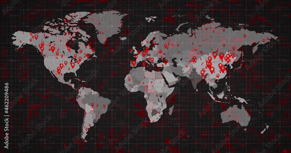 Image of the world map and countries turning red through circles in a dark background