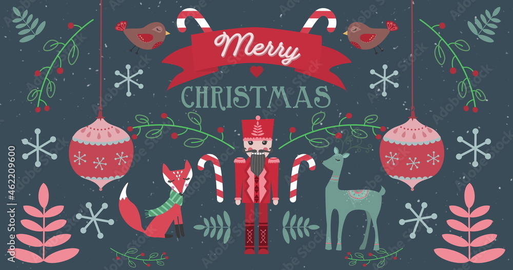 Image of Merry Christmas words with animals on Christmas decorations background