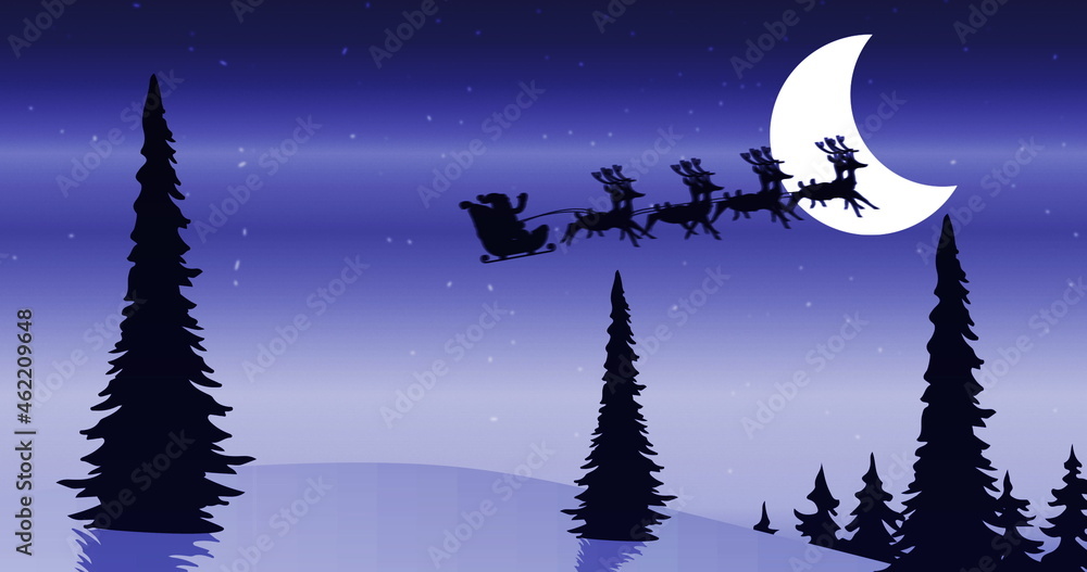 Santa clause sleigh and reindeer flying over snowy landscape