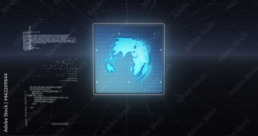 Image of data processing and scope scanning with circuit board on screen over black background