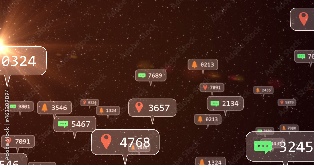 Image of social media icons and numbers on grey banners over stars on night sky Image of social media icons and numbers on grey banners over stars on night sky