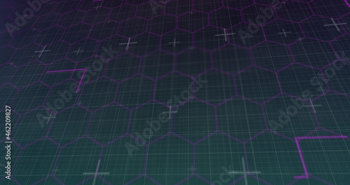 Image of network of purple hexagons and light trails on black background