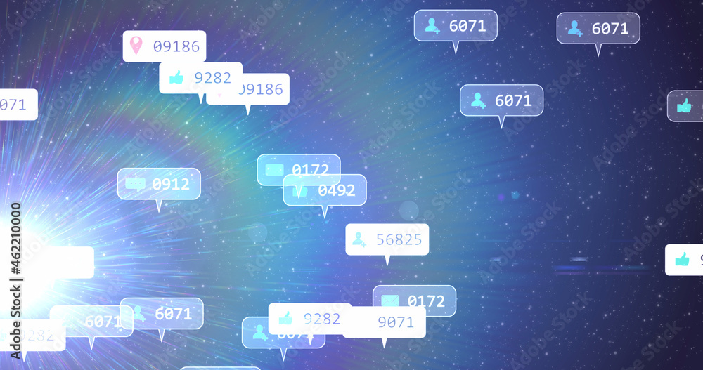 Naklejka premium Image of social media icons and numbers on white and grey banners over stars on blue sky
