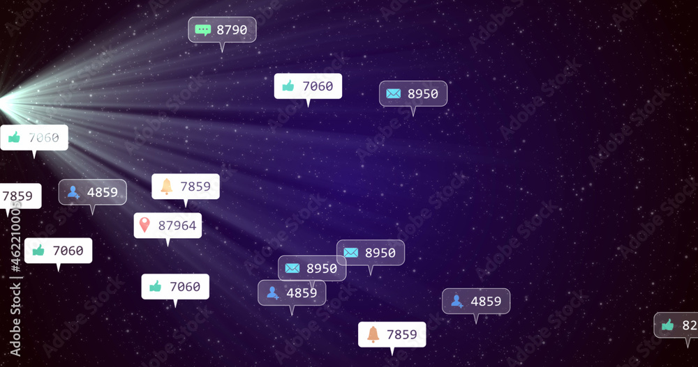 Image of social media icons and numbers on white and grey banners over stars on purple sky Image of social media icons and numbers on white and grey banners over stars on purple sky