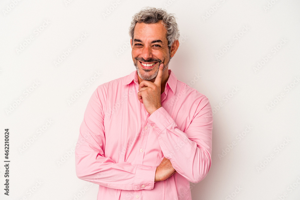 Middle age caucasian man isolated on white background smiling happy and confident, touching chin with hand. Middle age caucasian man isolated on white background smiling happy and confident, touching chin with hand.