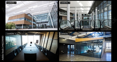 Composite of views from four security cameras showing lobby and rooms at business offices