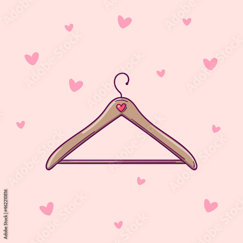 Hand drawn vector clothes hanger isolated on pink background with hearts