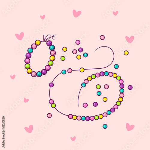 Handmade craft beads creation bijouterie vector illustration isolated on pink background with hearts