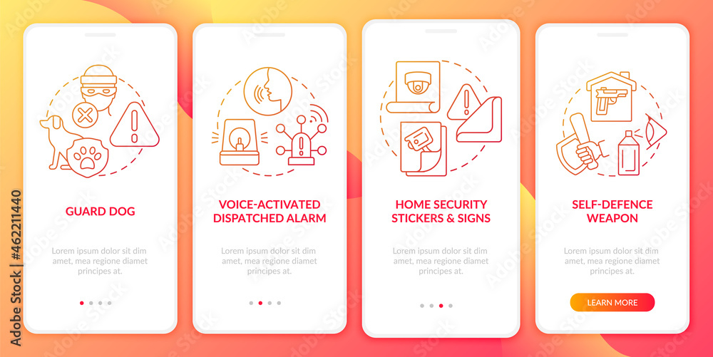 Burglary prevention red gradient onboarding mobile app page screen. Security system walkthrough 4 steps graphic instructions with concepts. UI, UX, GUI vector template with linear color illustrations