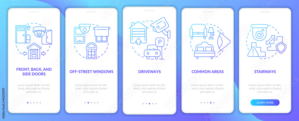 Security cameras placement blue gradient onboarding mobile app page screen. Walkthrough 5 steps graphic instructions with concepts. UI, UX, GUI vector template with linear color illustrations