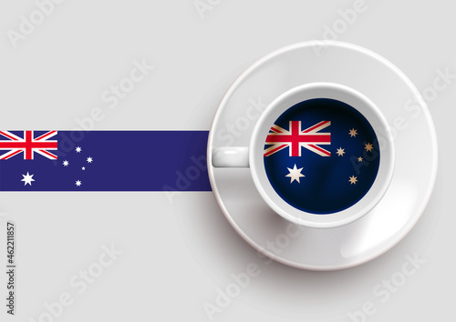 The Australian flag with a tasty coffee cup on top view and a gradient background. Hot beverage with Australia flag, vector illustration. 