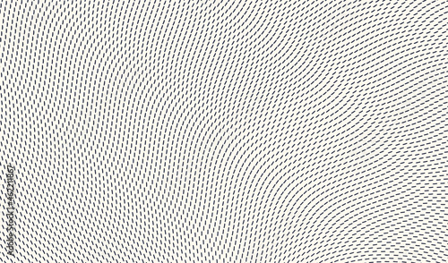Many black particles scattered asymmetrically in white background. Wavy pattern with dynamic effect. Cover design template. Vector illustration with optical illusion.