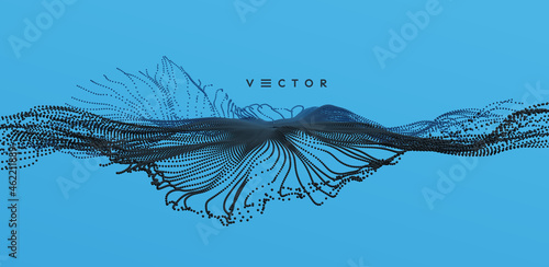 Point explode. Array with dynamic emitted particles. 3d technology style. Abstract background. Vector illustration.