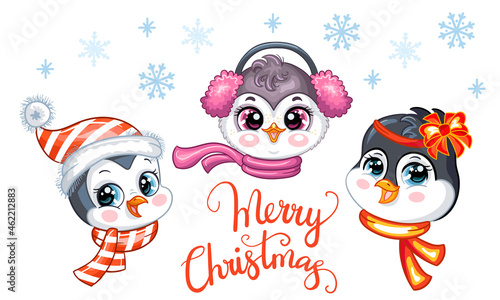 Christmas card with cute penguins heads and lettering