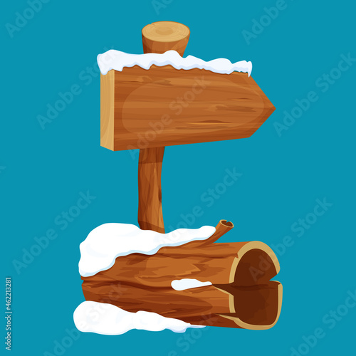 Old tree log and arrow signboard with snow in cartoon style isolated on white background. Wooden textured plank, empty frame. Ui game asset