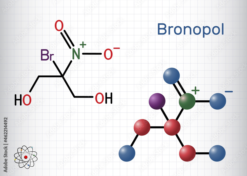 Bronopol molecule. It is preservative, is used as a microbicide or microbiostat. Structural chemical formula and molecule model. Sheet of paper in a cage Bronopol molecule. It is preservative, is used as a microbicide or microbiostat. Structural chemical formula and molecule model. Sheet of paper in a cage