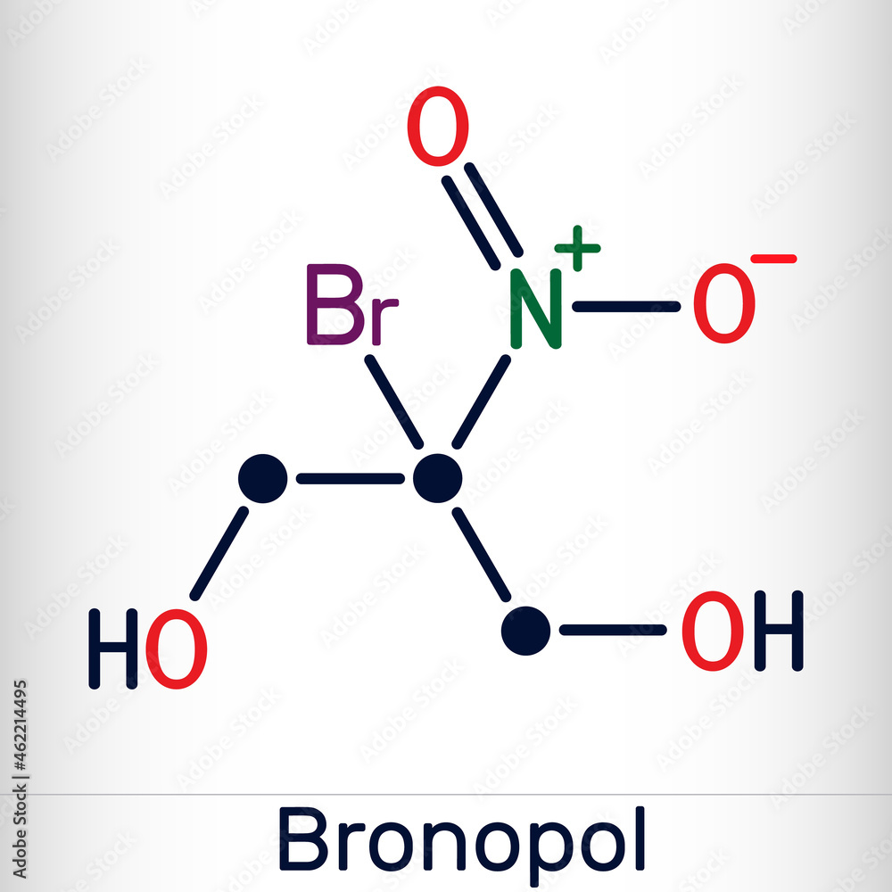 Bronopol molecule. It is preservative, is used as a microbicide or microbiostat. Skeletal chemical formula Bronopol molecule. It is preservative, is used as a microbicide or microbiostat. Skeletal chemical formula