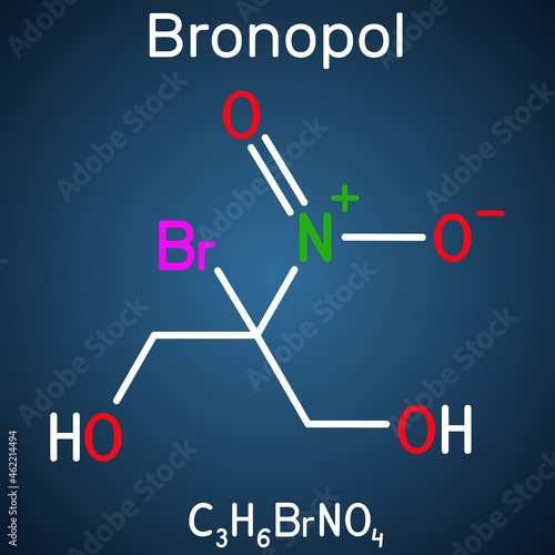 Bronopol molecule. It is preservative, is used as a microbicide or microbiostat. Structural chemical formula on the dark blue background