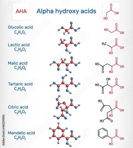 Alpha hydroxy acids, AHA. Glycolic C2H4O3, lactic C3H6O3, malic C4H6O5, tartaric C4H6O6, citric C6H8O7, mandelic acid C8H8O3 molecule. Structural chemical formula, molecule model