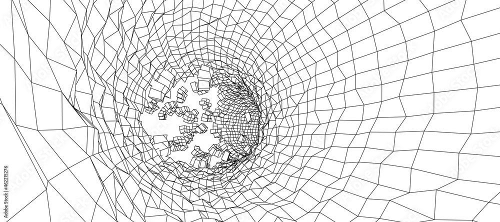 Obraz premium Wireframe abstract tunnel. 3D tunnel grid. Futuristic 3d portal. Network cyber technology. Vector illustration.