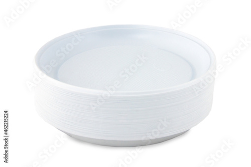 Stack of disposable plastic plates isolated on white background
