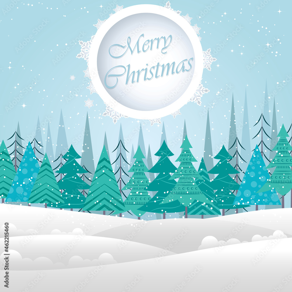 Fototapeta premium Merry christmas background with snowy forest. Christmas greeting card.