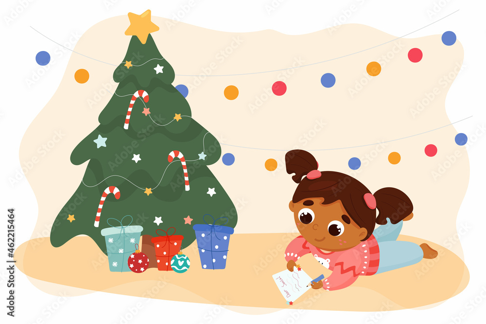 African American black little girl writing letter to Santa Claus for Christmas African American black little girl writing letter to Santa Claus for Christmas