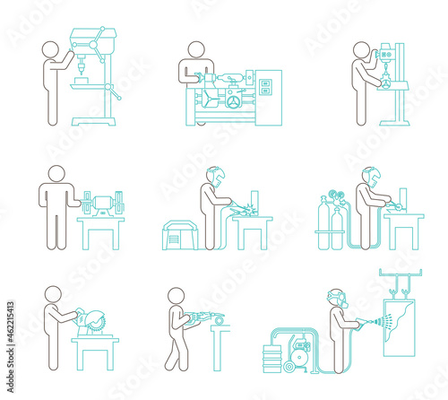 Pictograms line Icon collection of electric machine tools  for metal  plastic. Machines used in production in various types of industry.