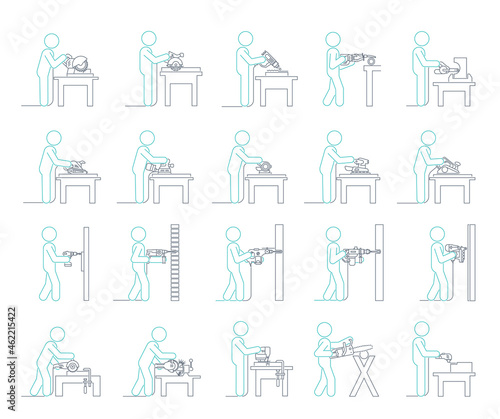 Line Icon set of Electric machine tools used in production in various types of industry.  Pictograms representing people doing jobs with power electric hand tools.